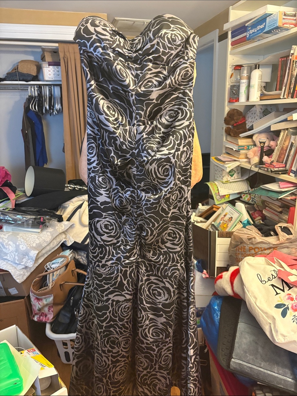 Strapless Black and Silver Floral Evening Gown